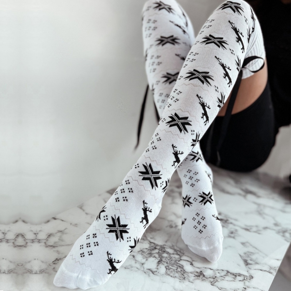 Tall Reindeer Fair Isle Over-the-knee Socks Long Ribbon Bow Stocking Holiday